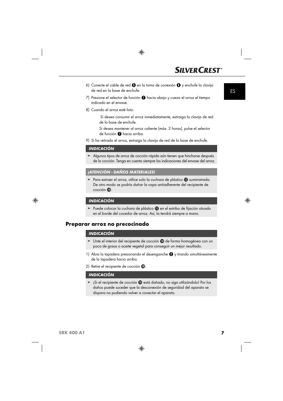 Preparar arroz no precocinado | Silvercrest SRK 400 A1 User Manual | Page 10 / 84