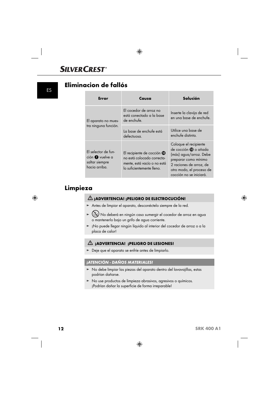 Eliminacion de fallós, Limpieza | Silvercrest SRK 400 A1 User Manual | Page 15 / 84