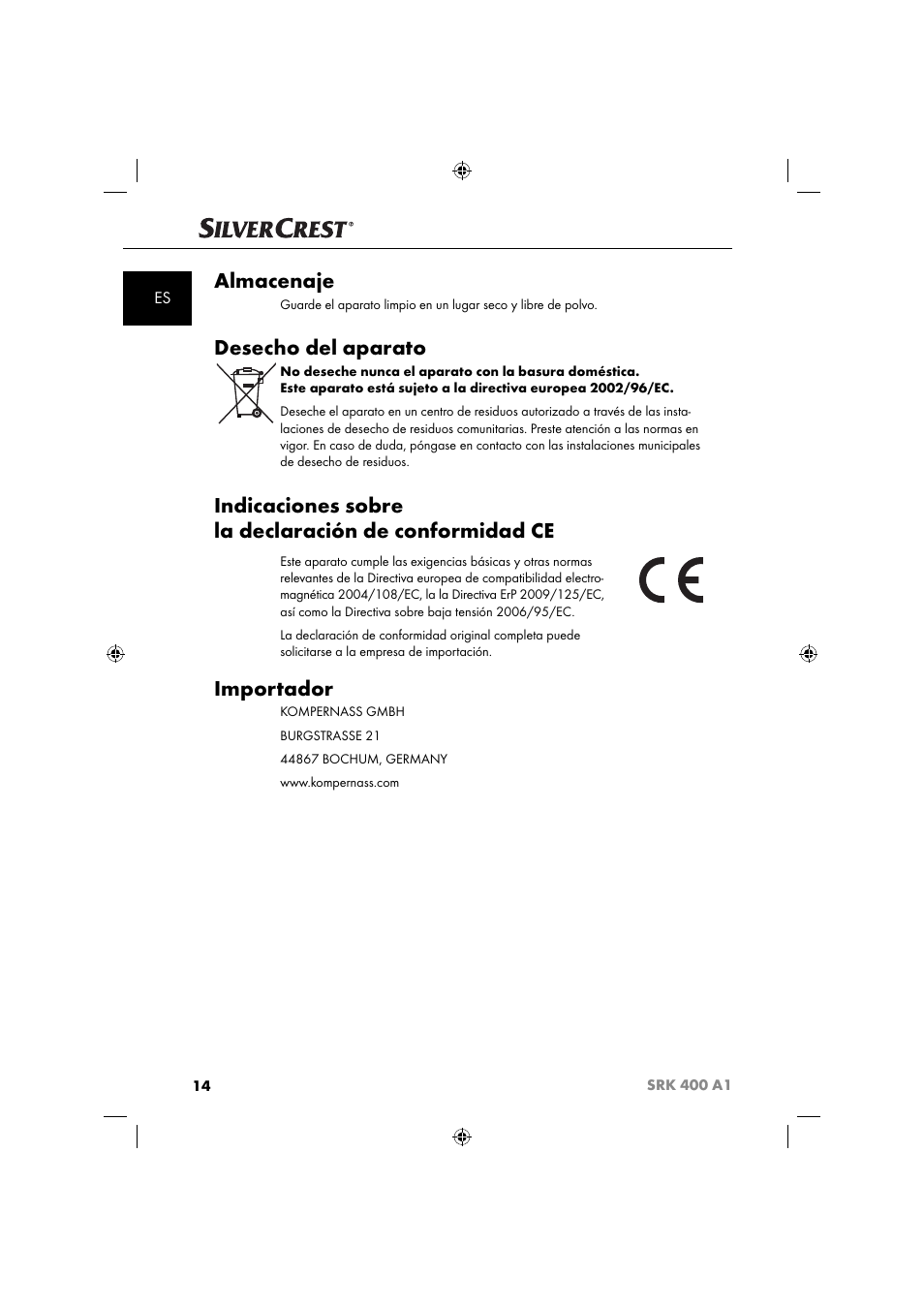 Almacenaje, Desecho del aparato, Importador | Silvercrest SRK 400 A1 User Manual | Page 17 / 84