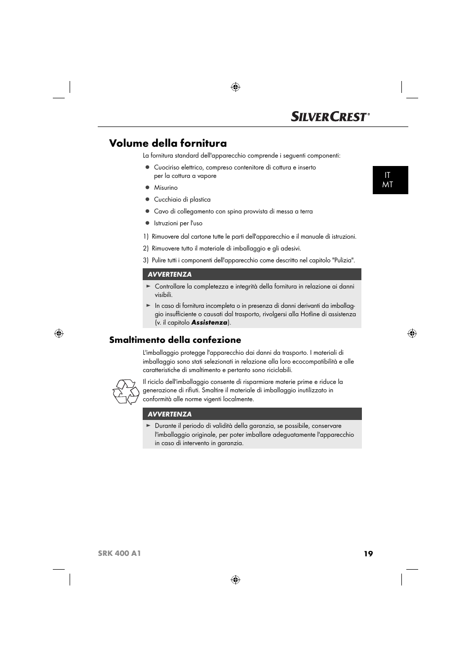 Volume della fornitura, Smaltimento della confezione, It mt | Silvercrest SRK 400 A1 User Manual | Page 22 / 84