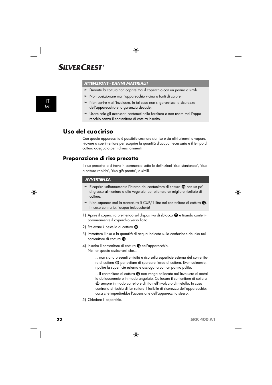 Uso del cuociriso, Preparazione di riso precotto, It mt | Silvercrest SRK 400 A1 User Manual | Page 25 / 84