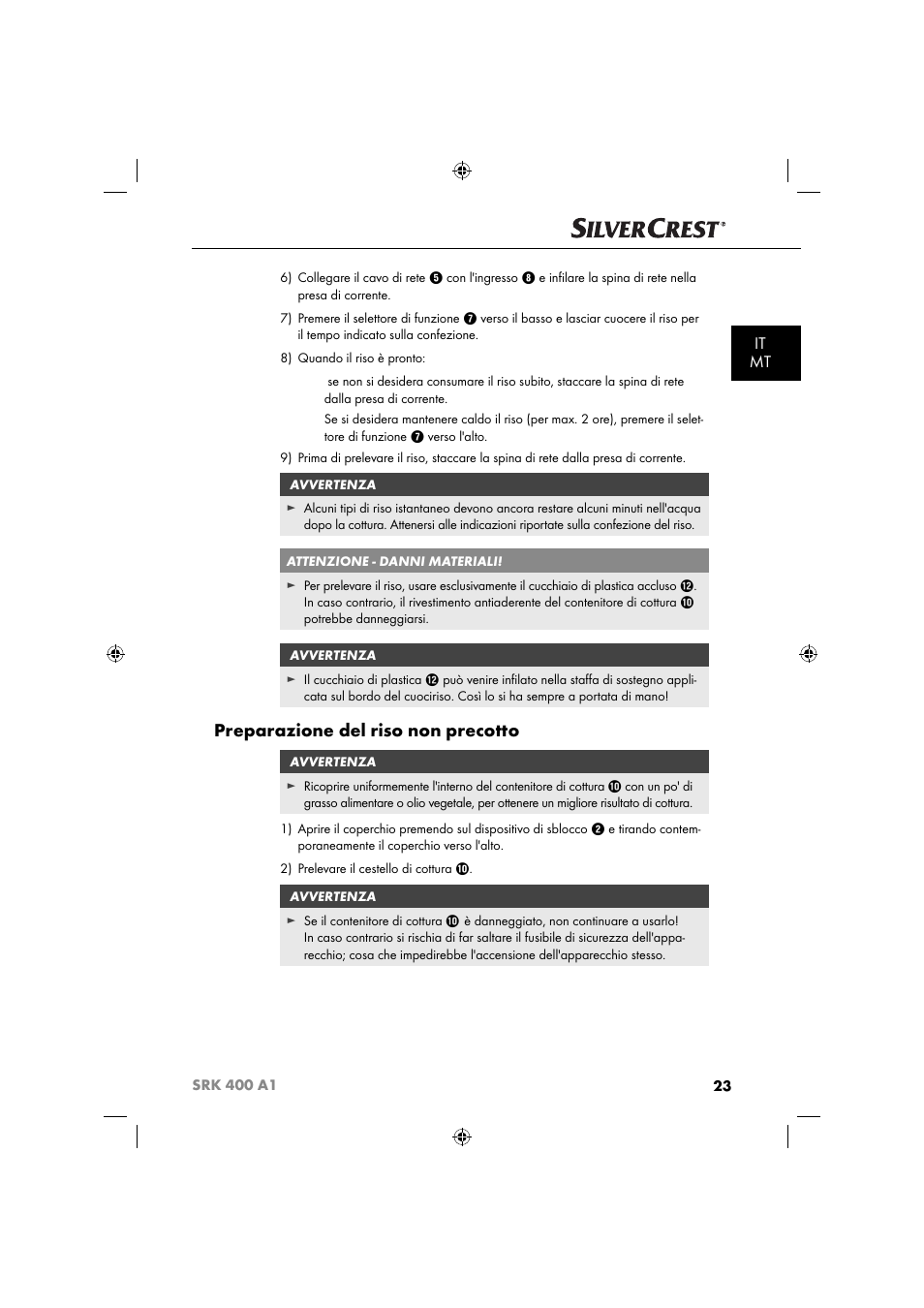 Preparazione del riso non precotto, It mt | Silvercrest SRK 400 A1 User Manual | Page 26 / 84