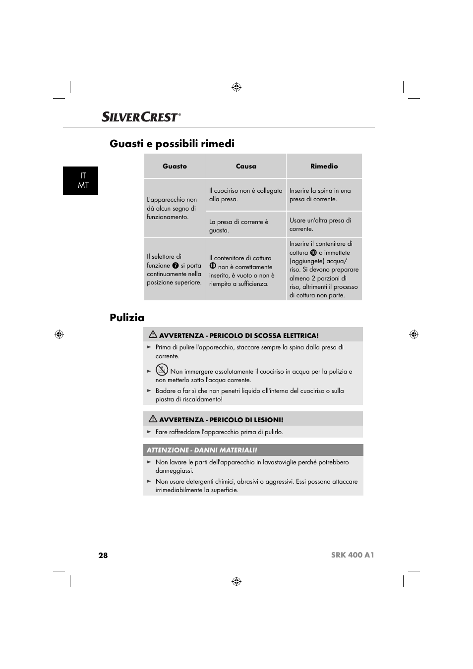 Guasti e possibili rimedi, Pulizia, It mt | Silvercrest SRK 400 A1 User Manual | Page 31 / 84