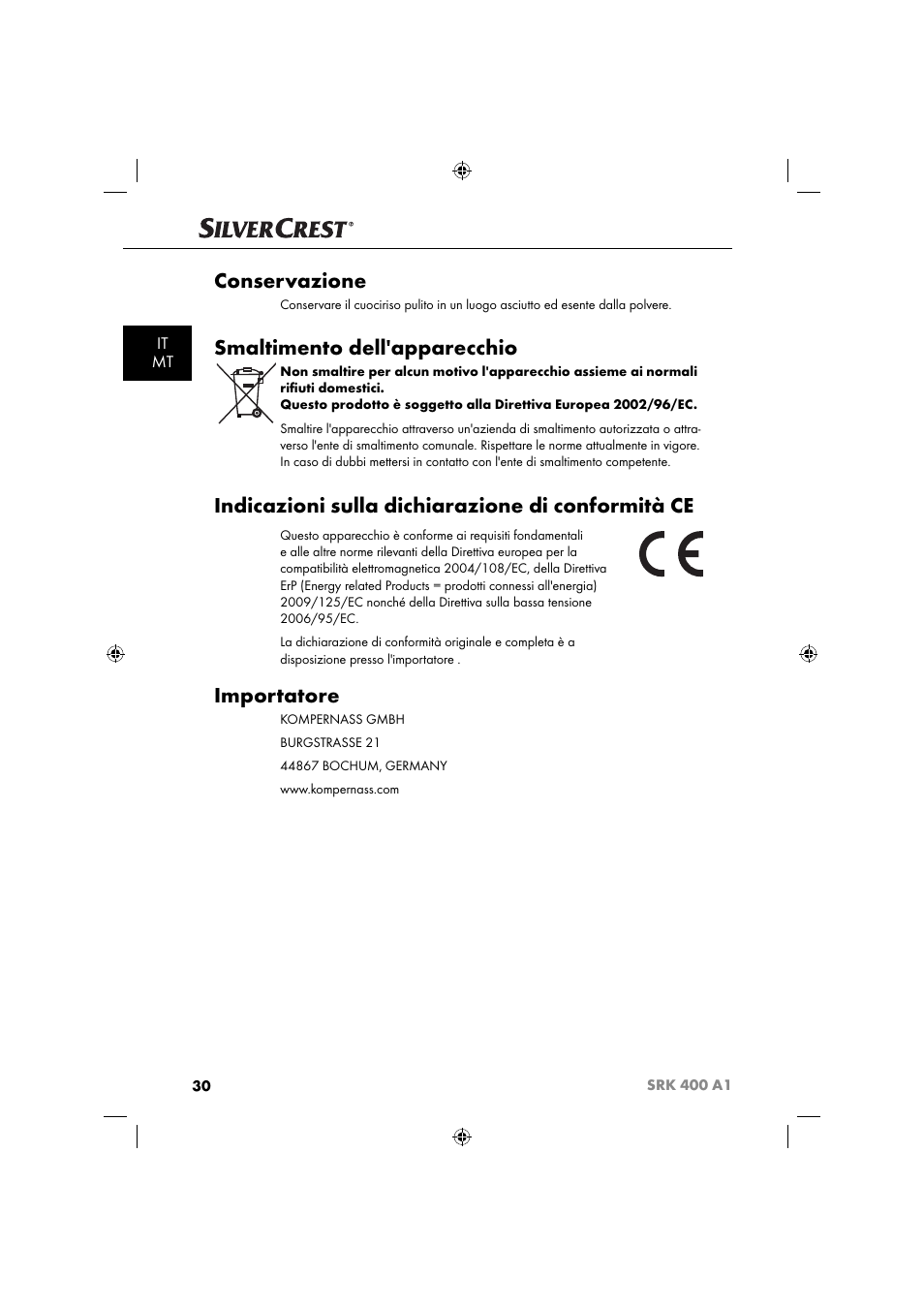 Conservazione, Smaltimento dell'apparecchio, Indicazioni sulla dichiarazione di conformità ce | Importatore, It mt | Silvercrest SRK 400 A1 User Manual | Page 33 / 84