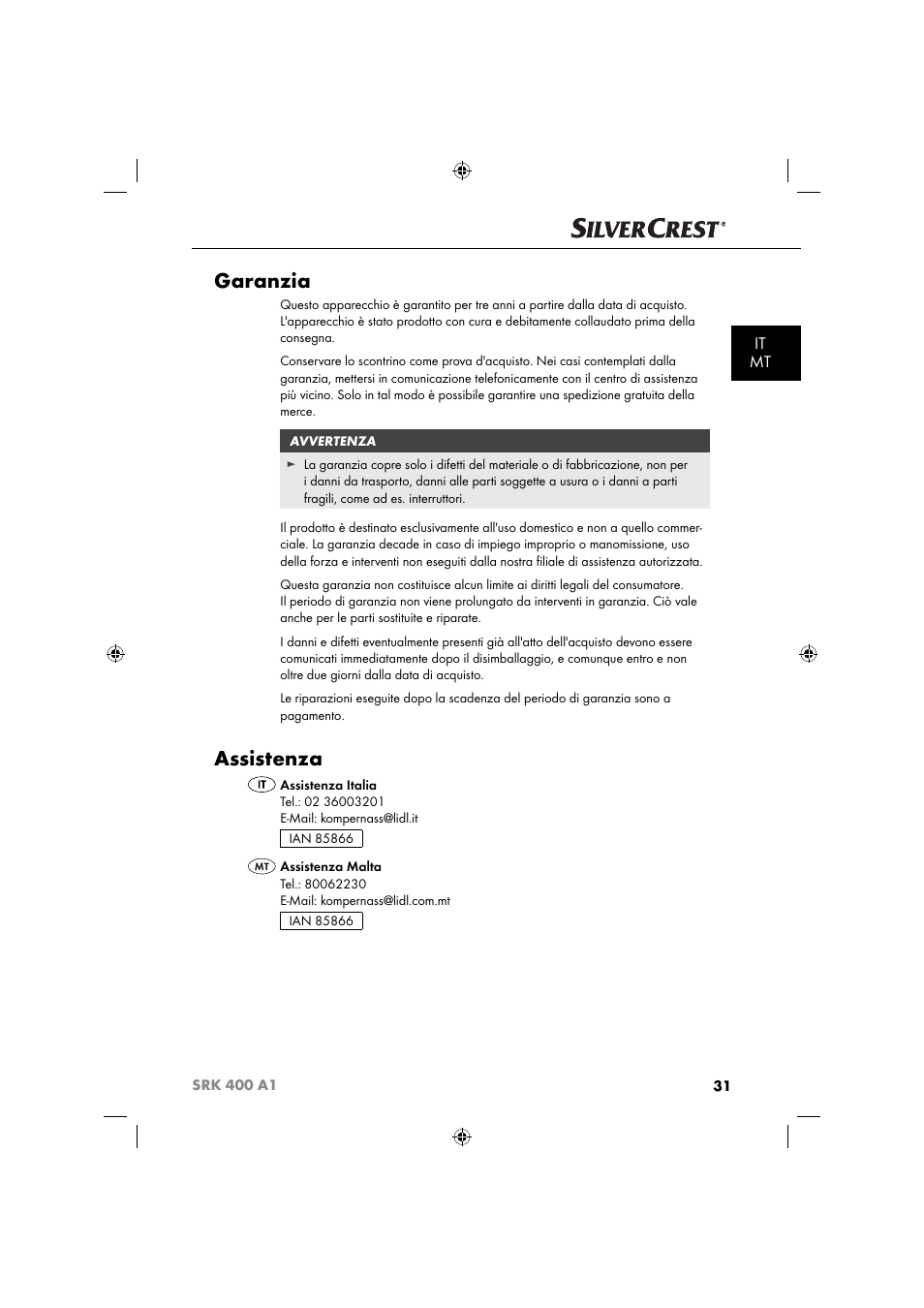 Garanzia, Assistenza, It mt | Silvercrest SRK 400 A1 User Manual | Page 34 / 84