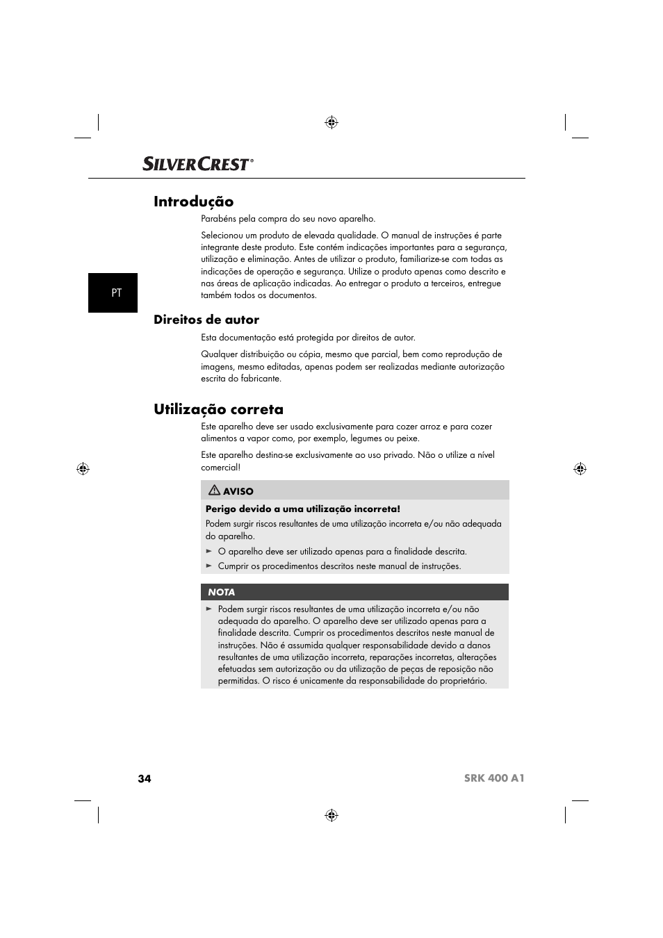 Introdução, Utilização correta, Direitos de autor | Silvercrest SRK 400 A1 User Manual | Page 37 / 84