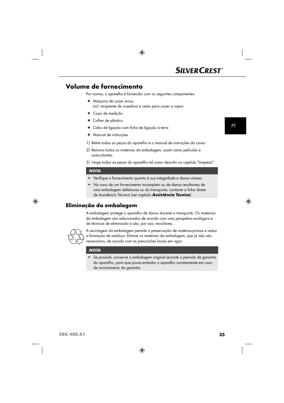 Volume de fornecimento, Eliminação da embalagem | Silvercrest SRK 400 A1 User Manual | Page 38 / 84