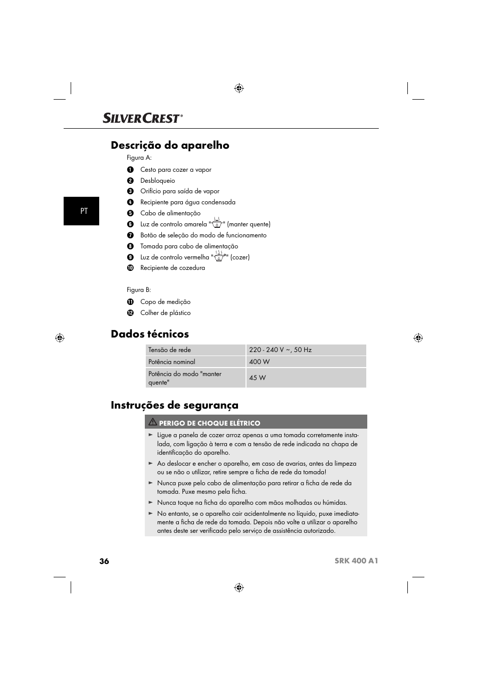 Descrição do aparelho, Dados técnicos, Instruções de segurança | Silvercrest SRK 400 A1 User Manual | Page 39 / 84