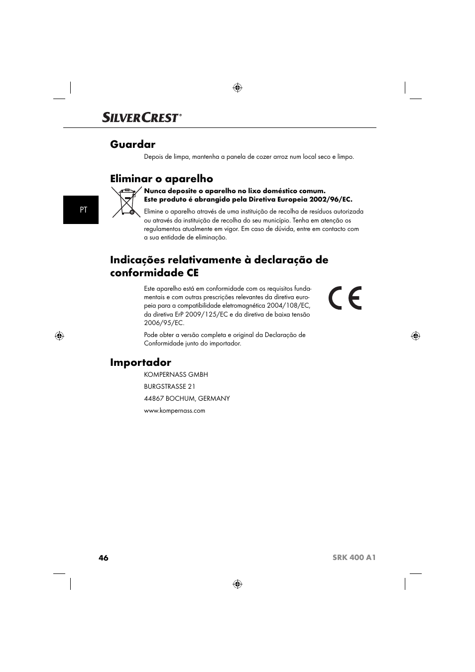 Guardar, Eliminar o aparelho, Importador | Silvercrest SRK 400 A1 User Manual | Page 49 / 84