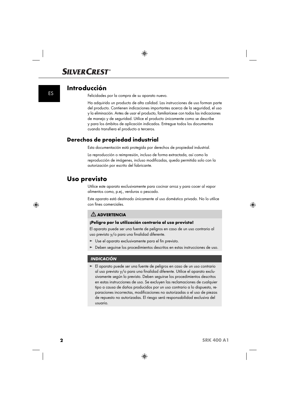 Introducción, Uso previsto, Derechos de propiedad industrial | Silvercrest SRK 400 A1 User Manual | Page 5 / 84