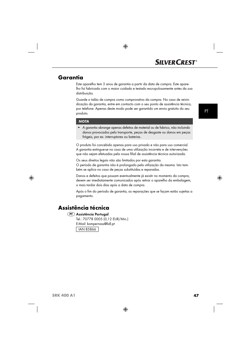 Garantia, Assistência técnica | Silvercrest SRK 400 A1 User Manual | Page 50 / 84