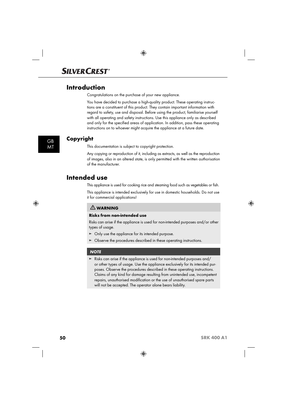 Introduction, Intended use, Copyright | Gb mt | Silvercrest SRK 400 A1 User Manual | Page 53 / 84