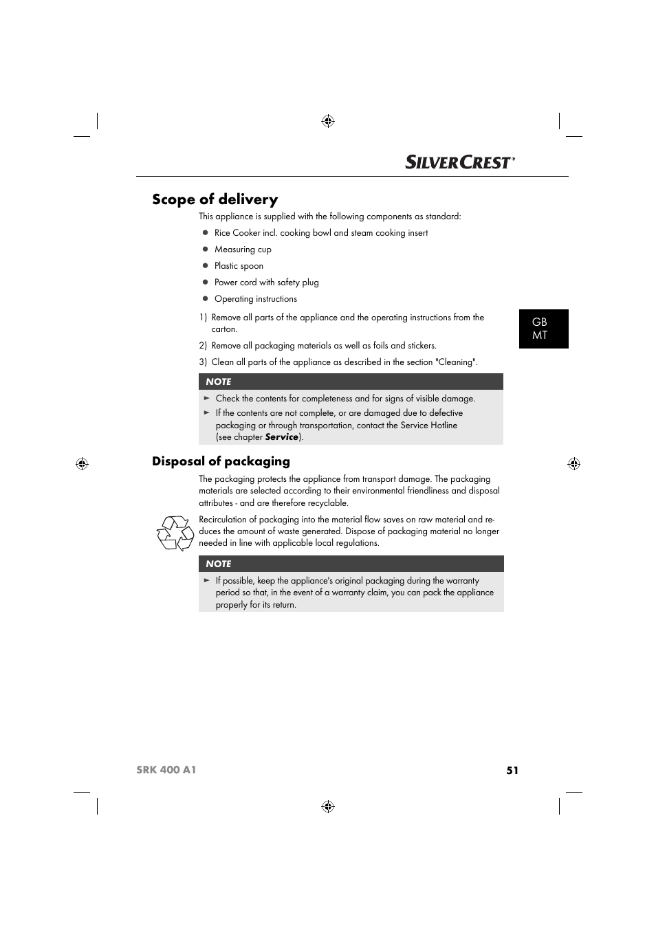 Scope of delivery, Disposal of packaging, Gb mt | Silvercrest SRK 400 A1 User Manual | Page 54 / 84