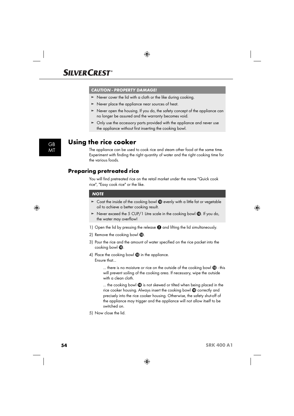 Using the rice cooker, Preparing pretreated rice, Gb mt | Silvercrest SRK 400 A1 User Manual | Page 57 / 84