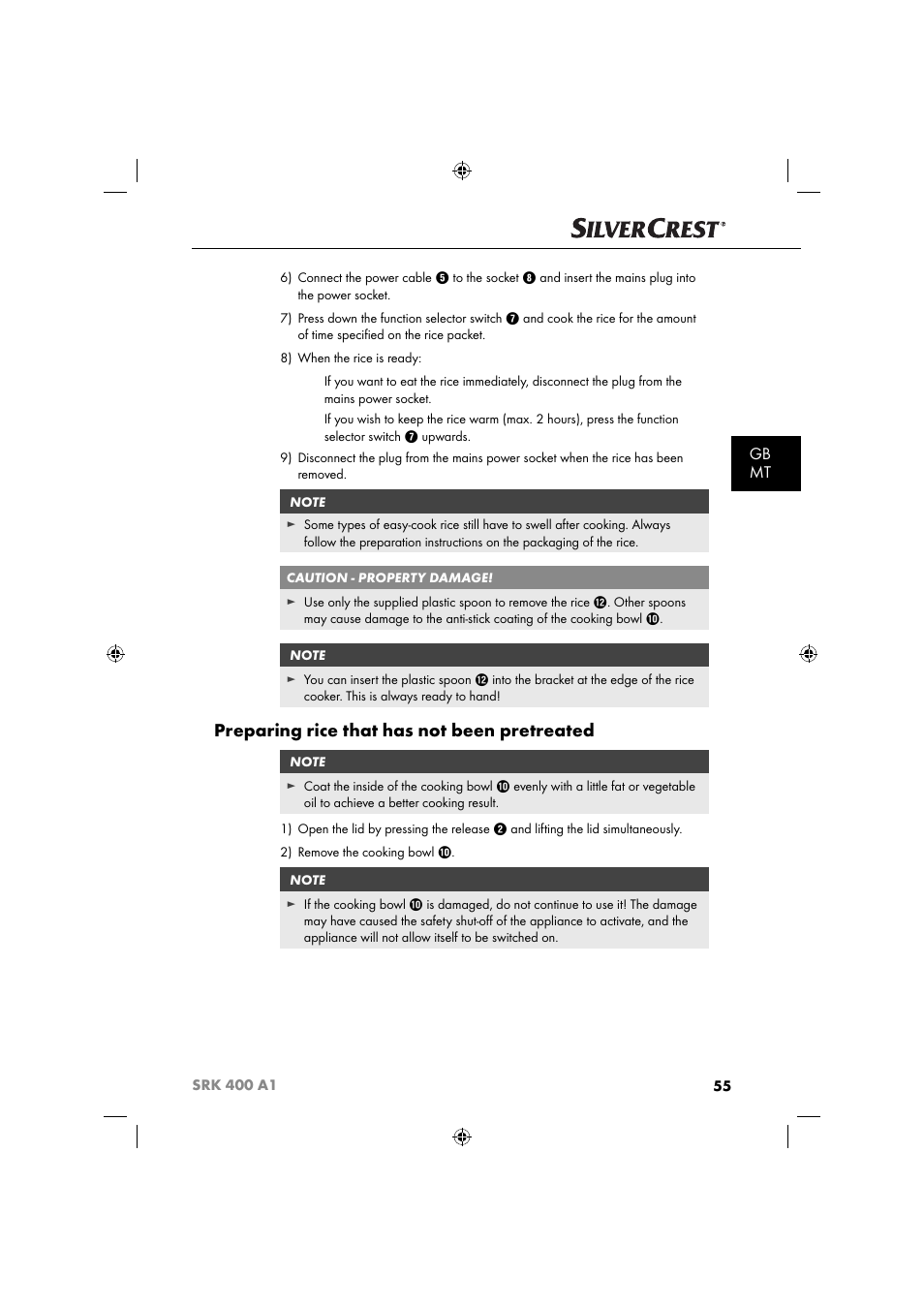 Preparing rice that has not been pretreated, Gb mt | Silvercrest SRK 400 A1 User Manual | Page 58 / 84