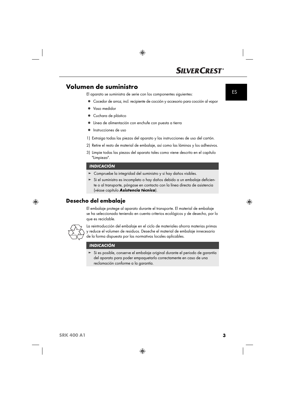 Volumen de suministro, Desecho del embalaje | Silvercrest SRK 400 A1 User Manual | Page 6 / 84