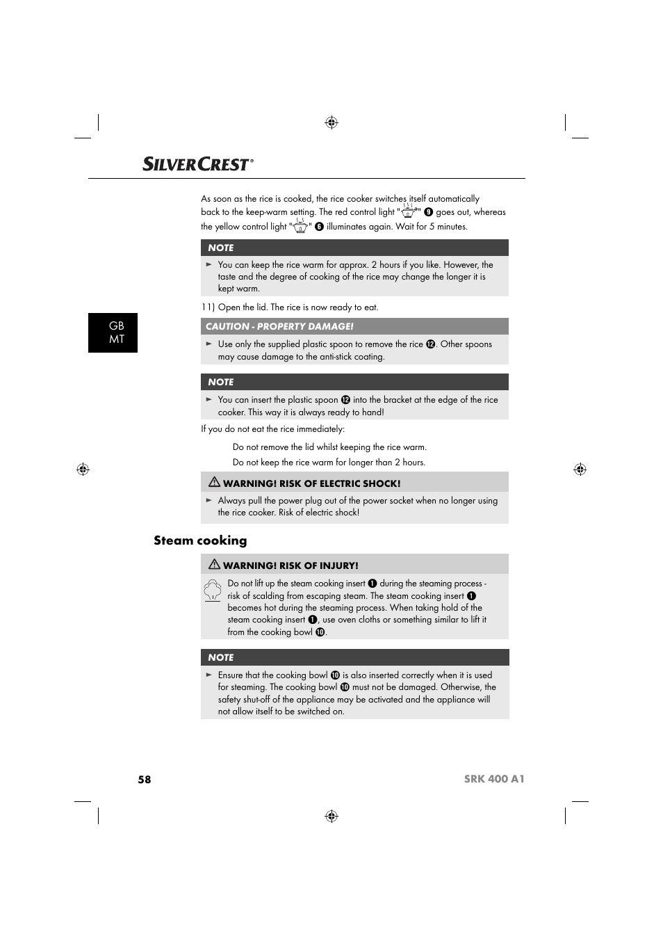 Steam cooking, Gb mt | Silvercrest SRK 400 A1 User Manual | Page 61 / 84