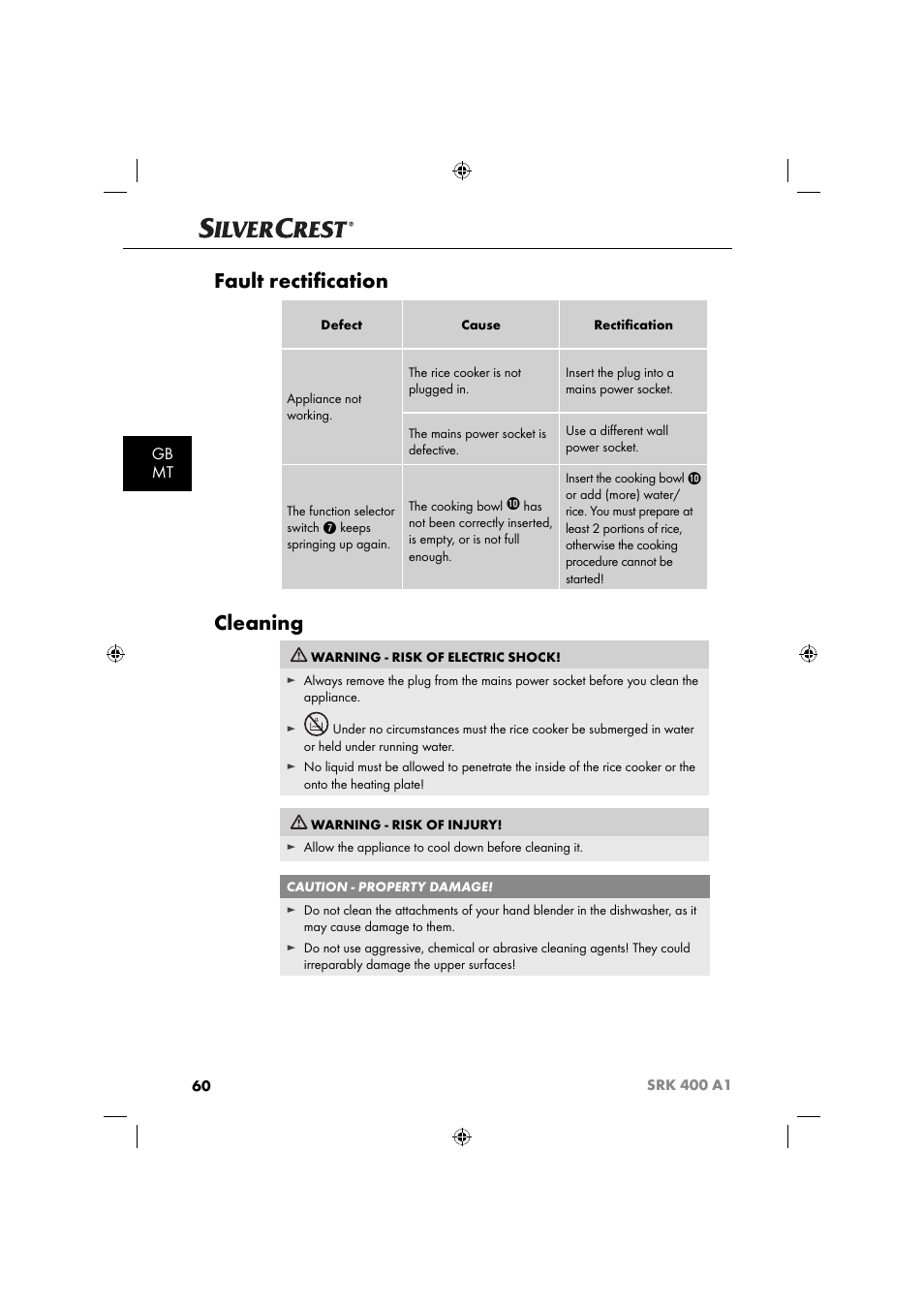 Fault rectiﬁ cation, Cleaning, Gb mt | Silvercrest SRK 400 A1 User Manual | Page 63 / 84