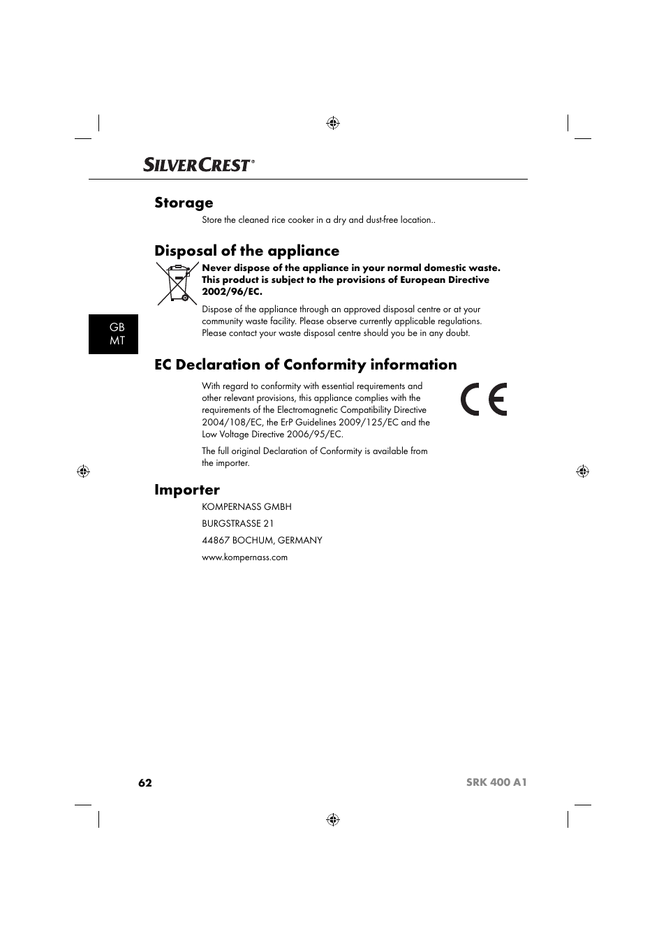 Storage, Disposal of the appliance, Ec declaration of conformity information | Importer, Gb mt | Silvercrest SRK 400 A1 User Manual | Page 65 / 84