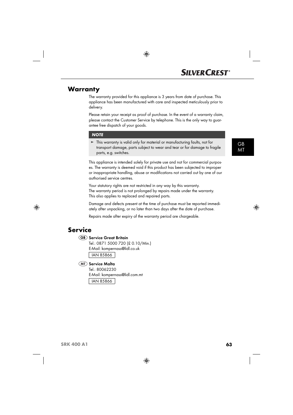 Warranty, Service, Gb mt | Silvercrest SRK 400 A1 User Manual | Page 66 / 84