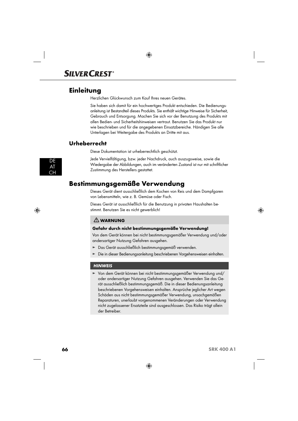 Einleitung, Bestimmungsgemäße verwendung, Urheberrecht | De at ch | Silvercrest SRK 400 A1 User Manual | Page 69 / 84