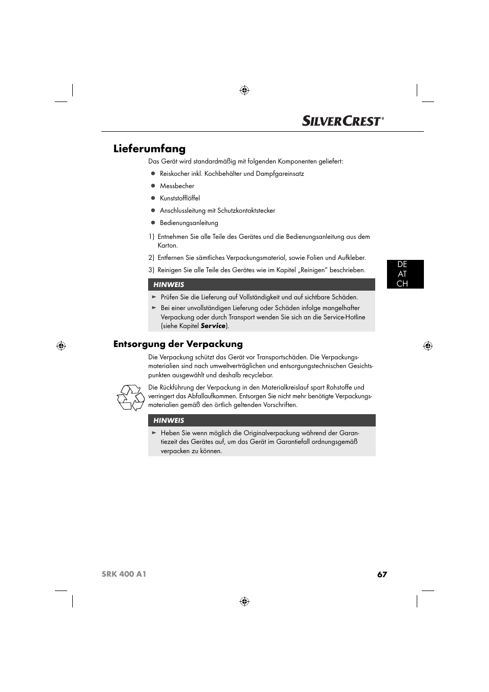 Lieferumfang, Entsorgung der verpackung, De at ch | Silvercrest SRK 400 A1 User Manual | Page 70 / 84