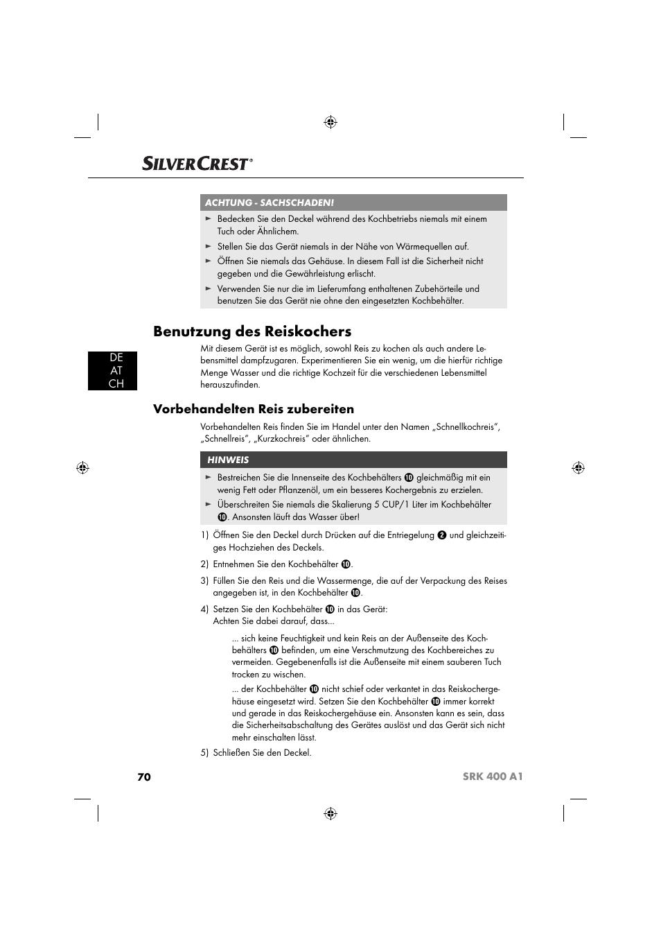 Benutzung des reiskochers, Vorbehandelten reis zubereiten, De at ch | Silvercrest SRK 400 A1 User Manual | Page 73 / 84