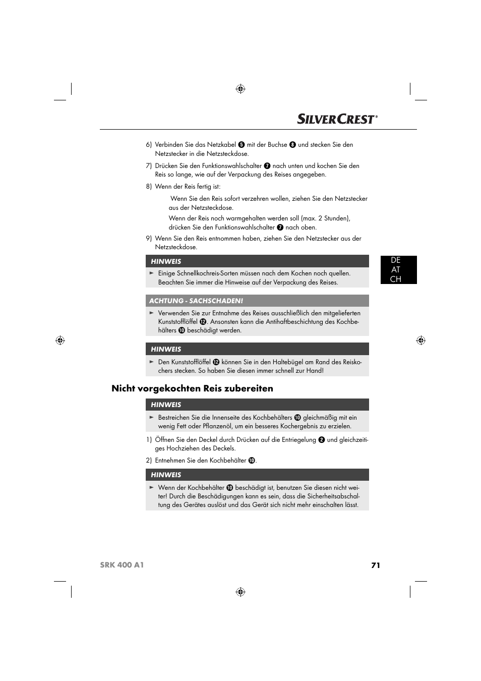 Nicht vorgekochten reis zubereiten, De at ch | Silvercrest SRK 400 A1 User Manual | Page 74 / 84