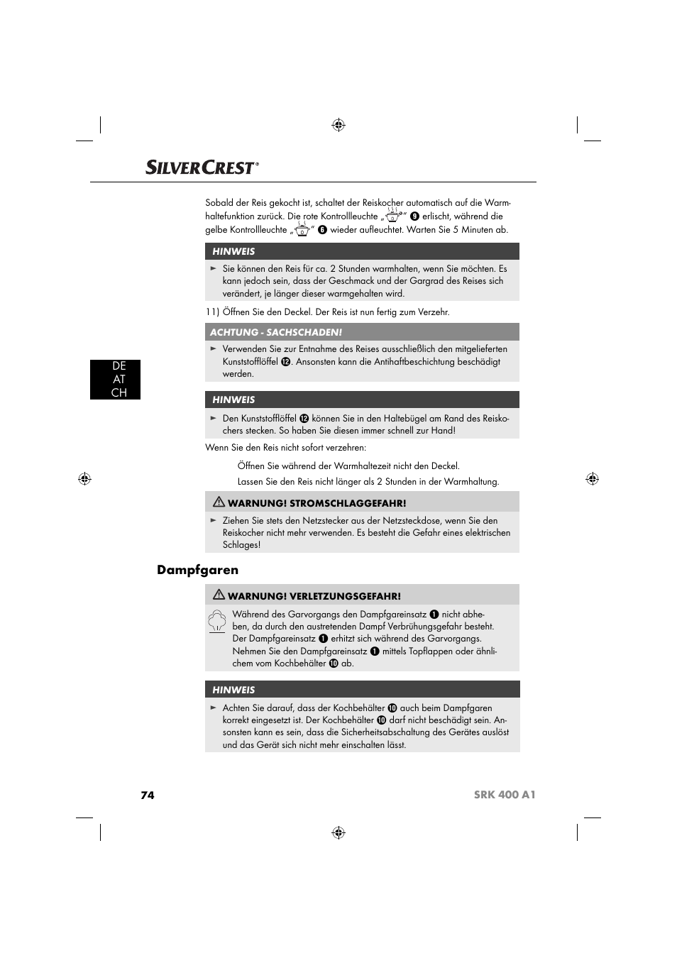 Dampfgaren, De at ch | Silvercrest SRK 400 A1 User Manual | Page 77 / 84