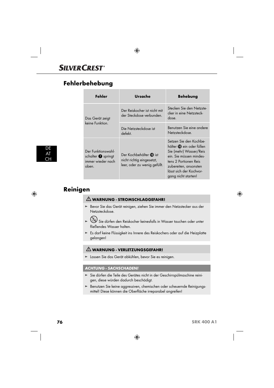 Fehlerbehebung, Reinigen, De at ch | Silvercrest SRK 400 A1 User Manual | Page 79 / 84