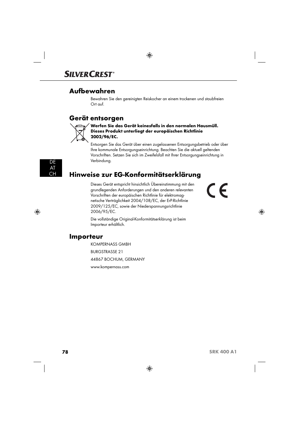 Aufbewahren, Gerät entsorgen, Hinweise zur eg-konformitätserklärung | Importeur | Silvercrest SRK 400 A1 User Manual | Page 81 / 84