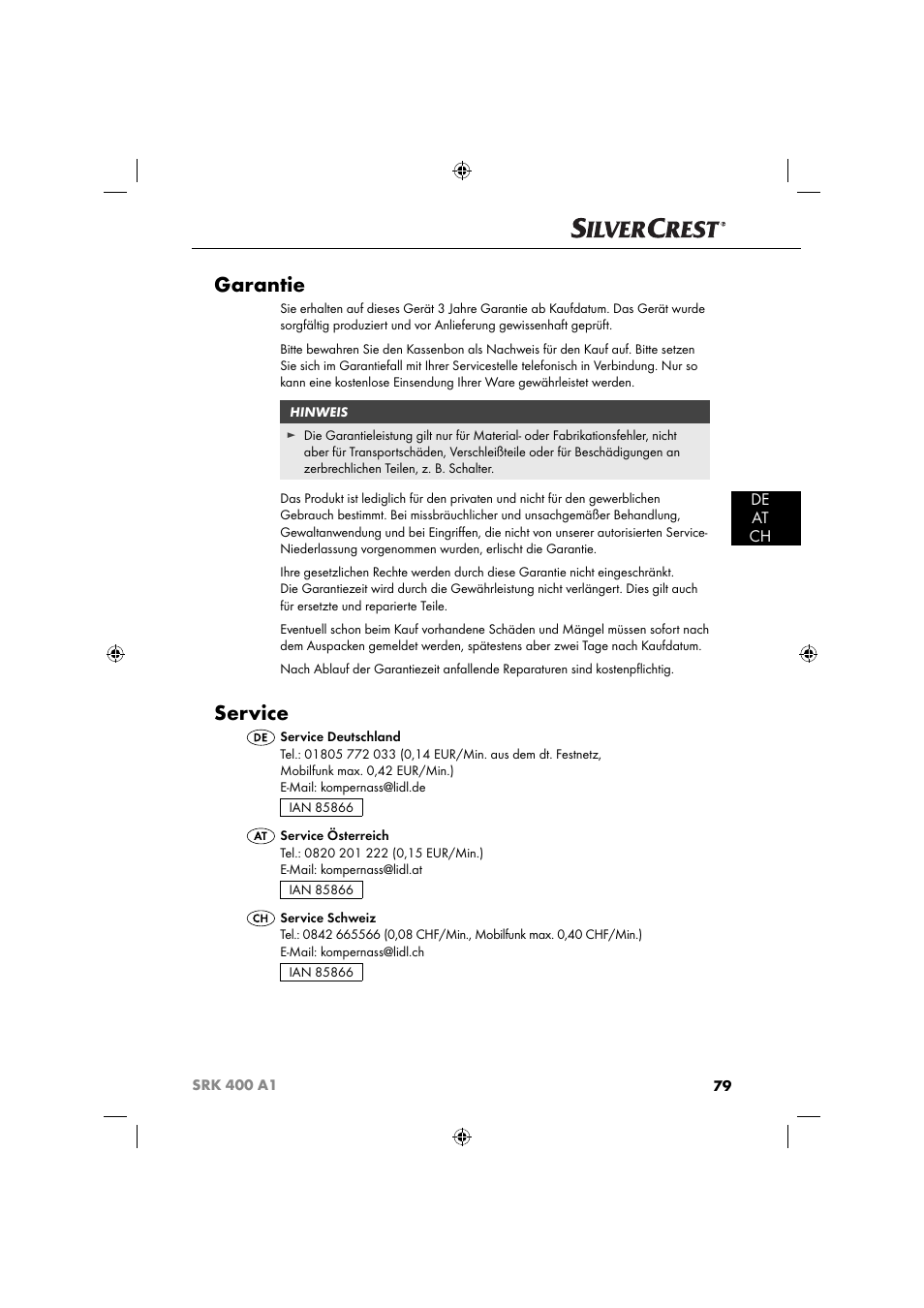 Garantie, Service, De at ch | Silvercrest SRK 400 A1 User Manual | Page 82 / 84
