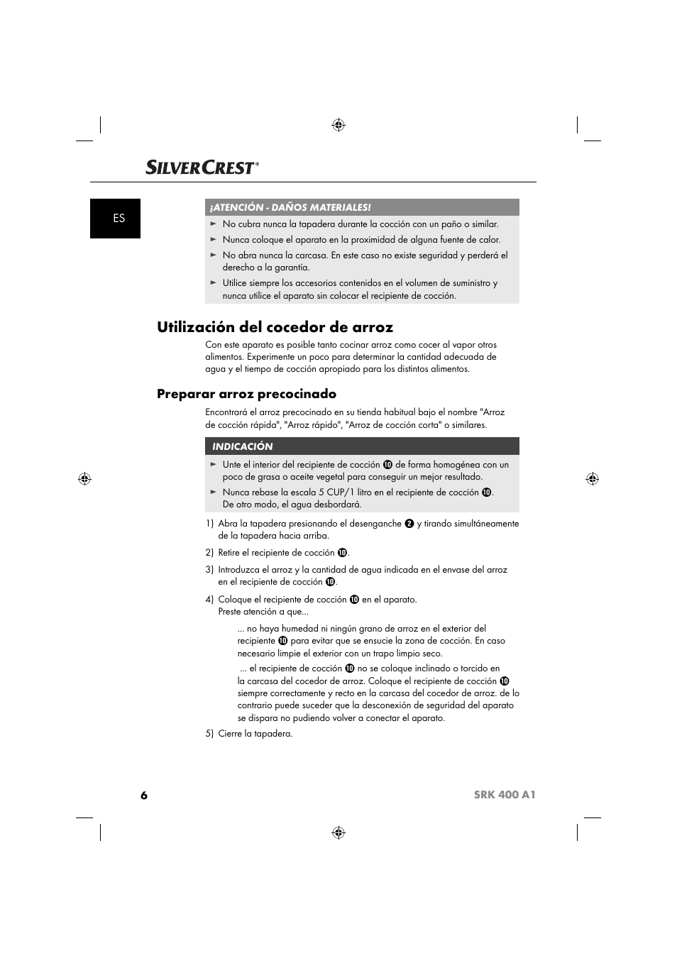 Utilización del cocedor de arroz, Preparar arroz precocinado | Silvercrest SRK 400 A1 User Manual | Page 9 / 84