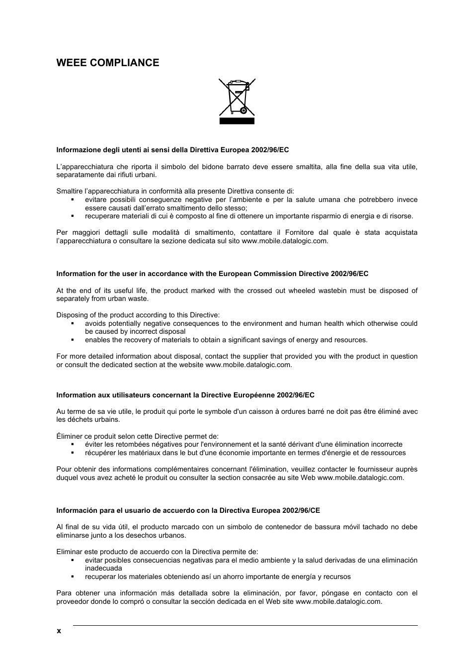 Weee compliance | Datalogic Scanning Rhino-NET 40012 User Manual | Page 10 / 53