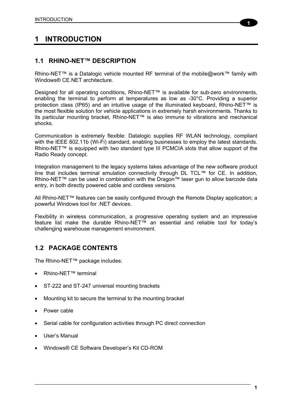 Introduction, Rhino-net™ description, Package contents | 1 introduction | Datalogic Scanning Rhino-NET 40012 User Manual | Page 15 / 53