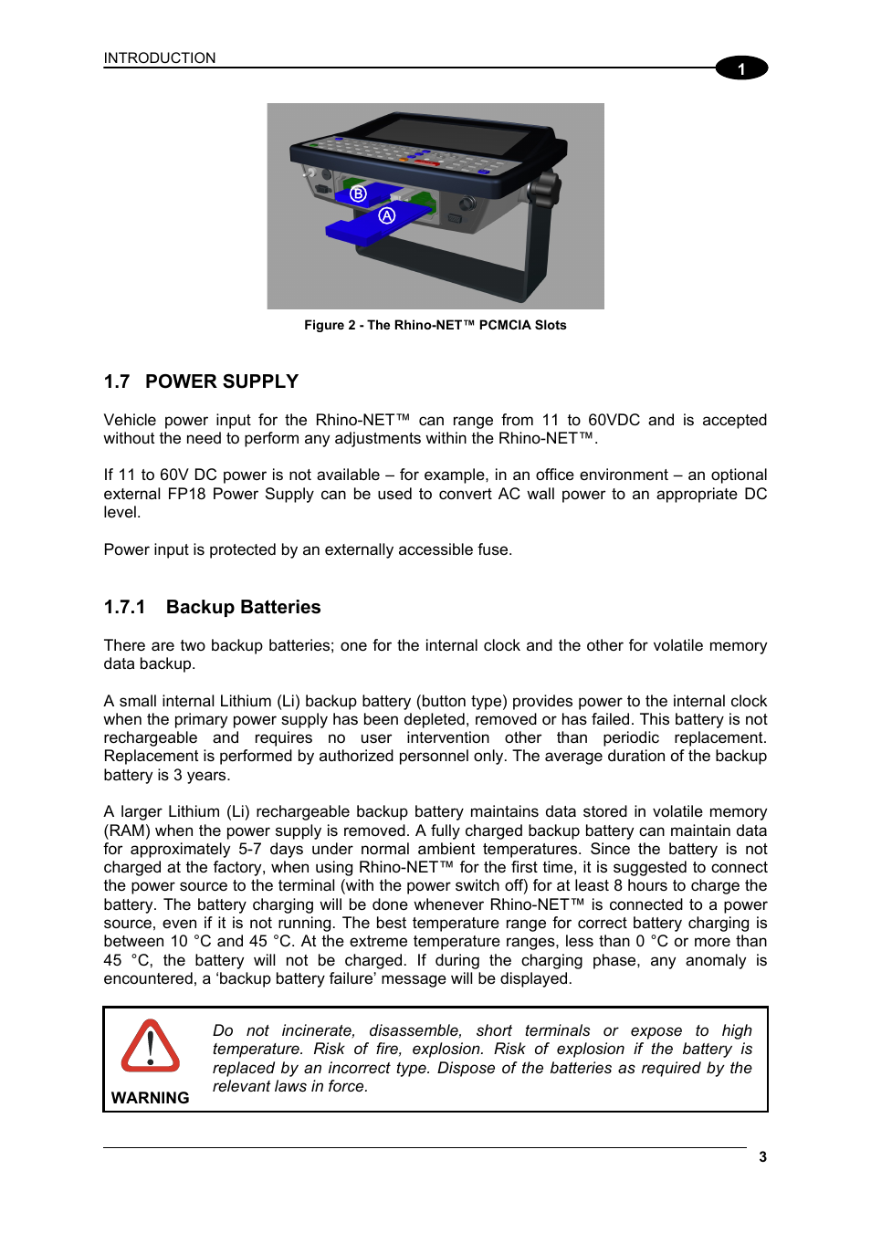 Power supply, Backup batteries | Datalogic Scanning Rhino-NET 40012 User Manual | Page 17 / 53