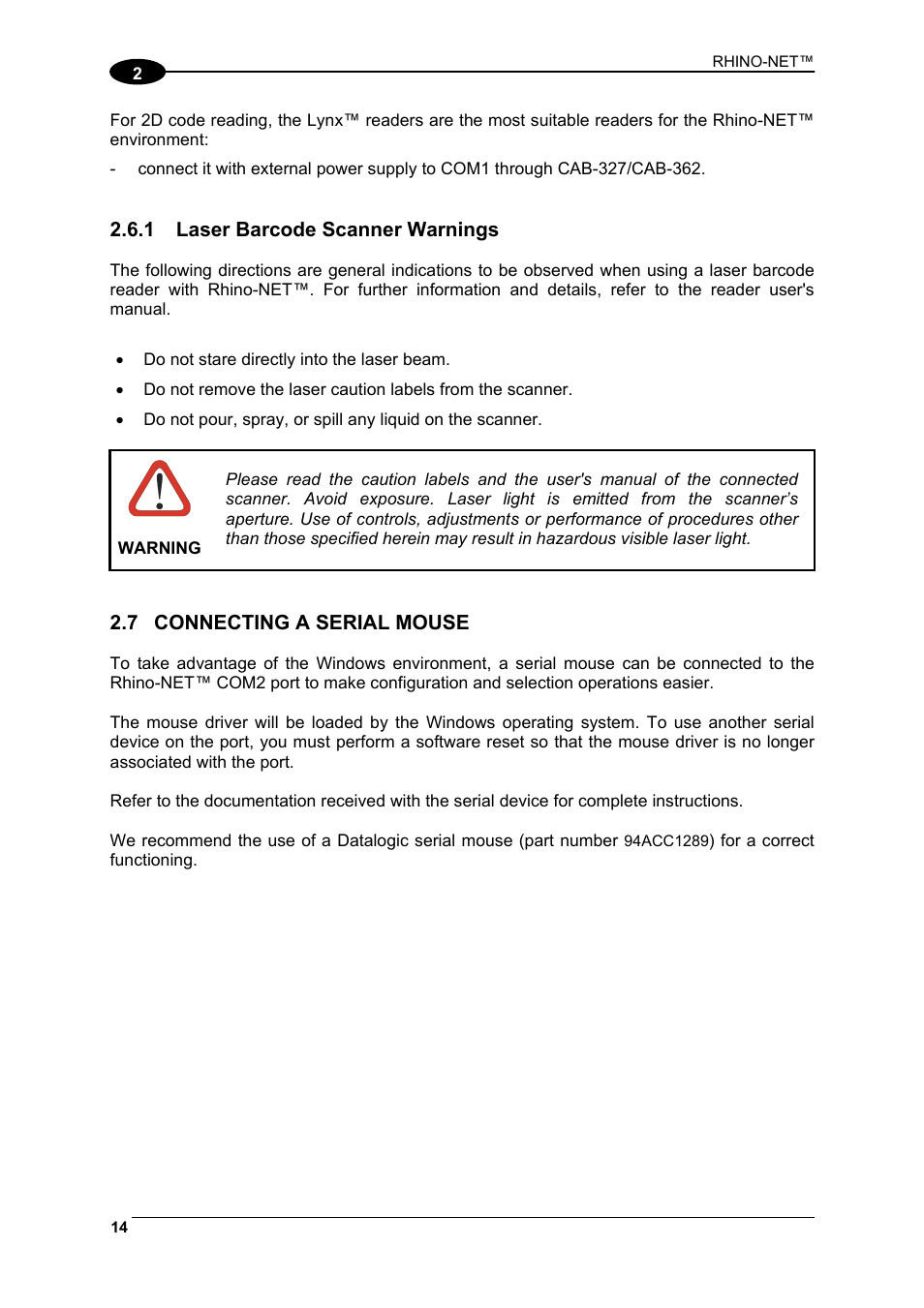Laser barcode scanner warnings, Connecting a serial mouse | Datalogic Scanning Rhino-NET 40012 User Manual | Page 28 / 53