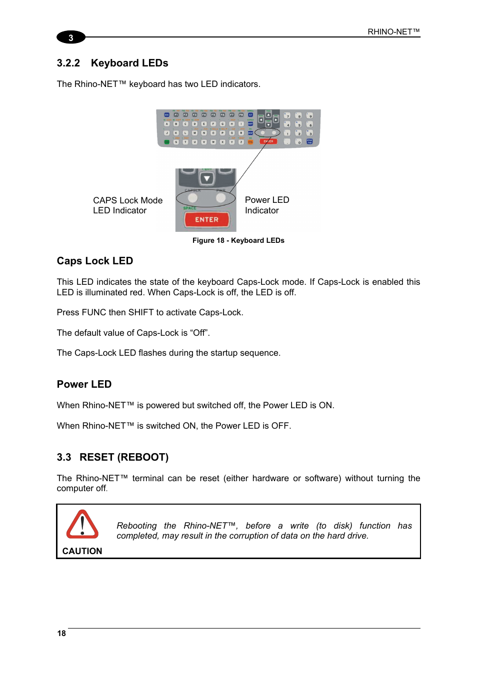 Keyboard leds, Reset (reboot) | Datalogic Scanning Rhino-NET 40012 User Manual | Page 32 / 53