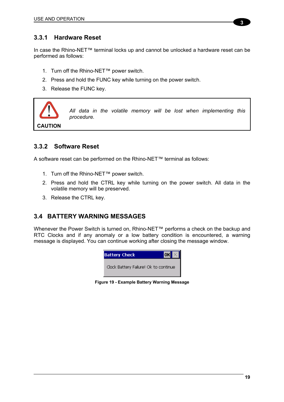 Hardware reset, Software reset, Battery warning messages | Datalogic Scanning Rhino-NET 40012 User Manual | Page 33 / 53