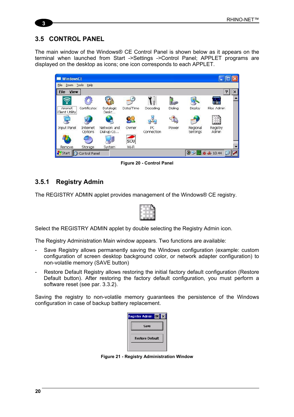 Control panel, Registry admin, 5 control panel | 1 registry admin | Datalogic Scanning Rhino-NET 40012 User Manual | Page 34 / 53