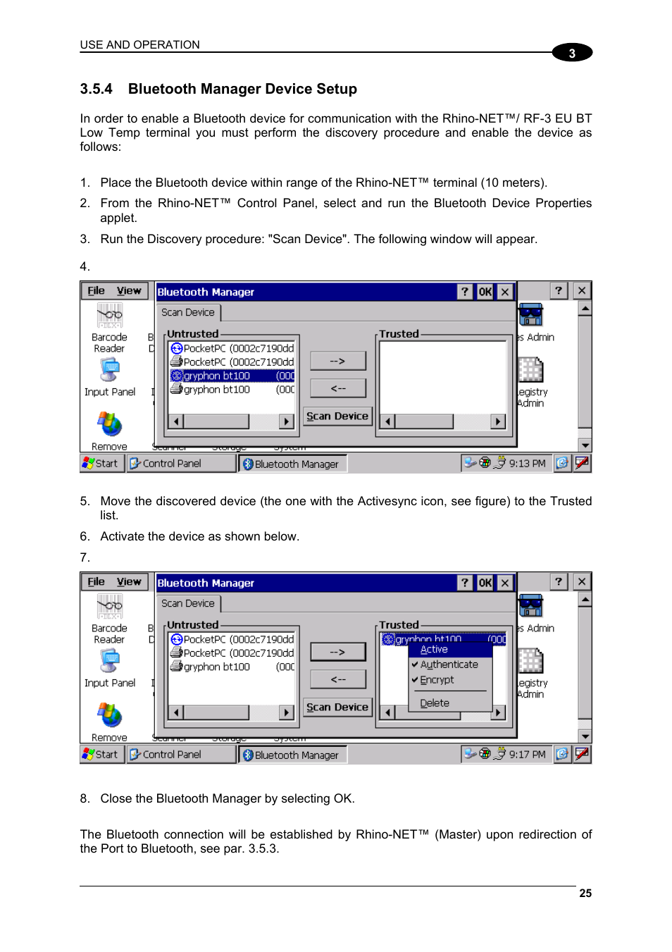 Bluetooth manager device setup | Datalogic Scanning Rhino-NET 40012 User Manual | Page 39 / 53