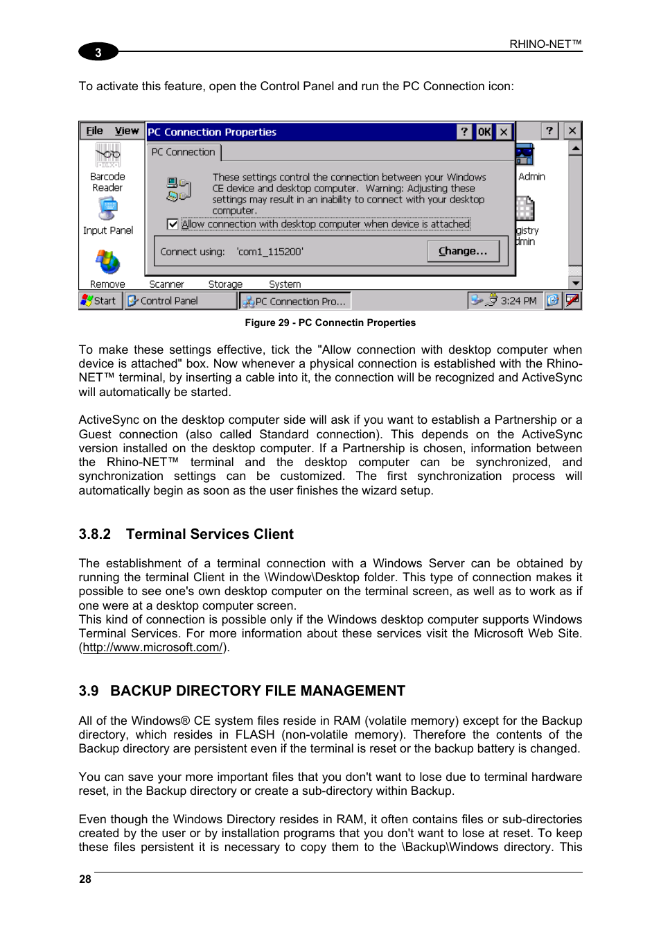 Terminal services client, Backup directory file management | Datalogic Scanning Rhino-NET 40012 User Manual | Page 42 / 53