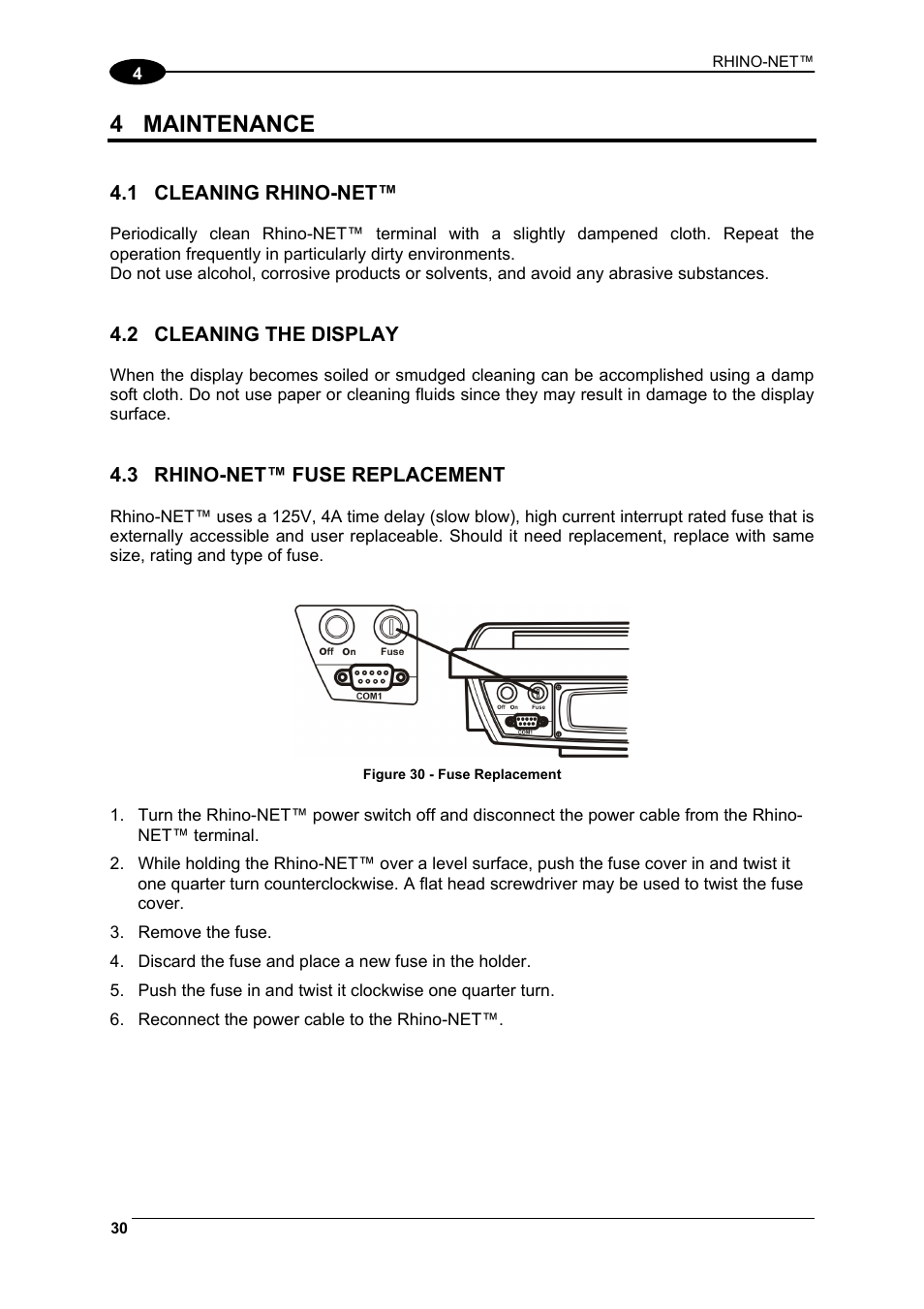 Maintenance, Cleaning rhino-net, Cleaning the display | Rhino-net™ fuse replacement, 4 maintenance | Datalogic Scanning Rhino-NET 40012 User Manual | Page 44 / 53