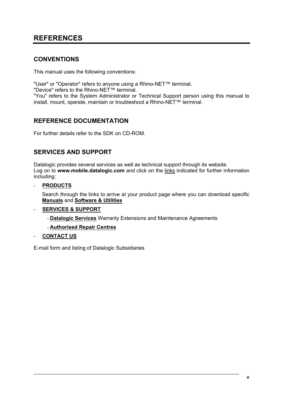 References, Conventions, Reference documentation | Services and support | Datalogic Scanning Rhino-NET 40012 User Manual | Page 5 / 53