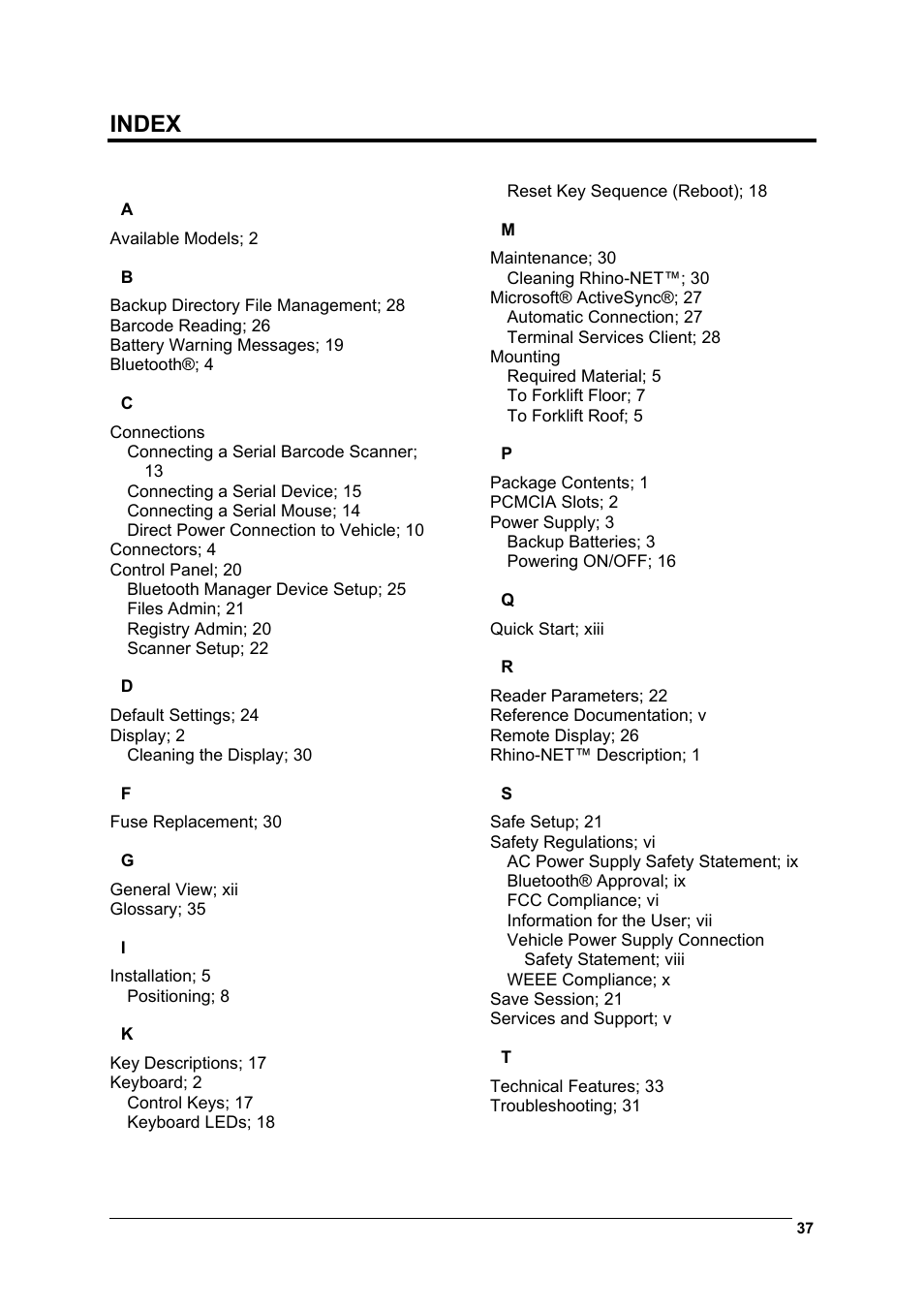Index | Datalogic Scanning Rhino-NET 40012 User Manual | Page 51 / 53