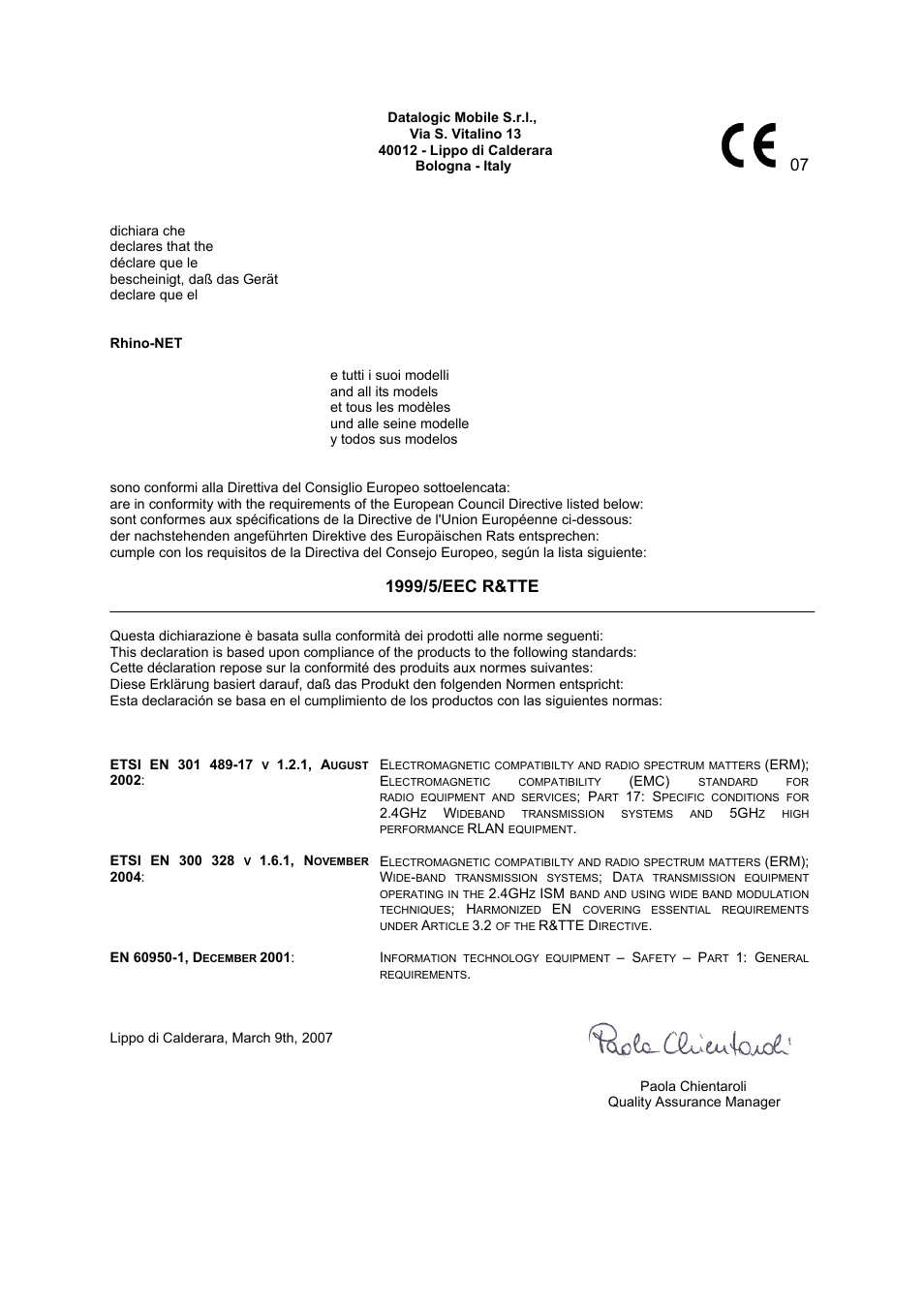 Declaration of conformity | Datalogic Scanning Rhino-NET 40012 User Manual | Page 52 / 53