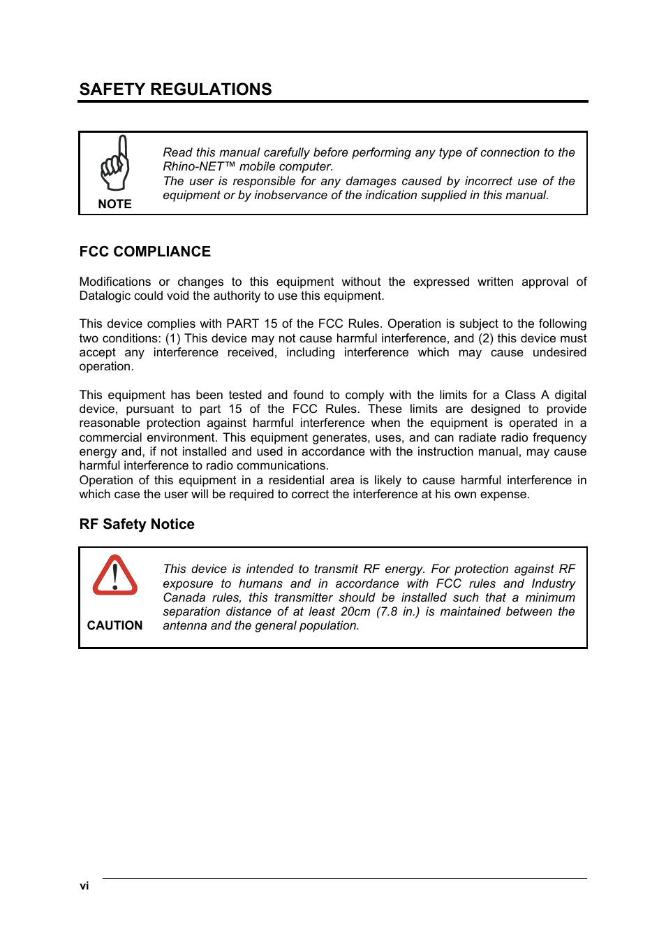 Safety regulations, Fcc compliance | Datalogic Scanning Rhino-NET 40012 User Manual | Page 6 / 53