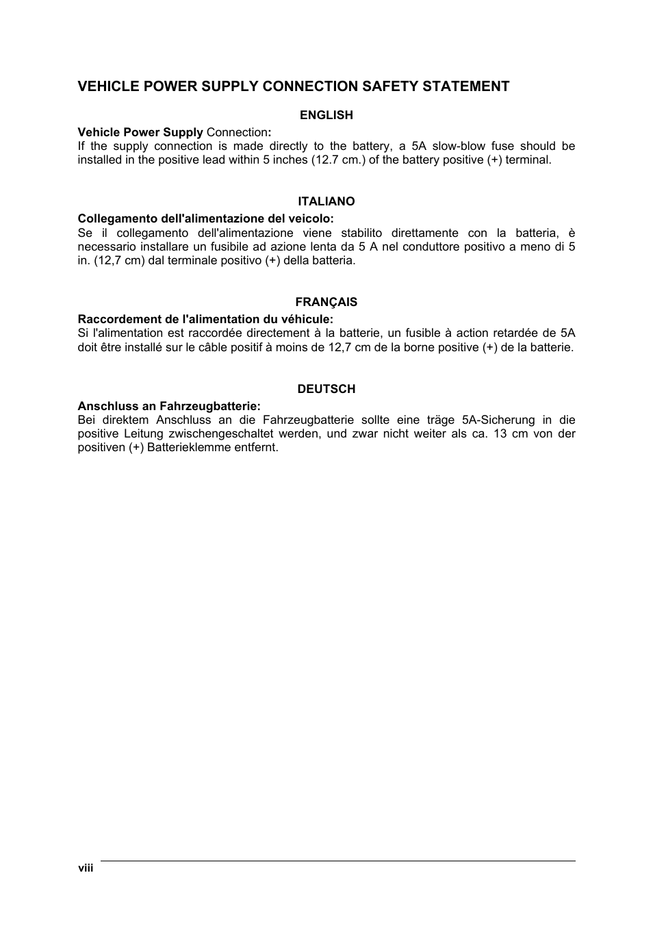 Vehicle power supply connection safety statement | Datalogic Scanning Rhino-NET 40012 User Manual | Page 8 / 53