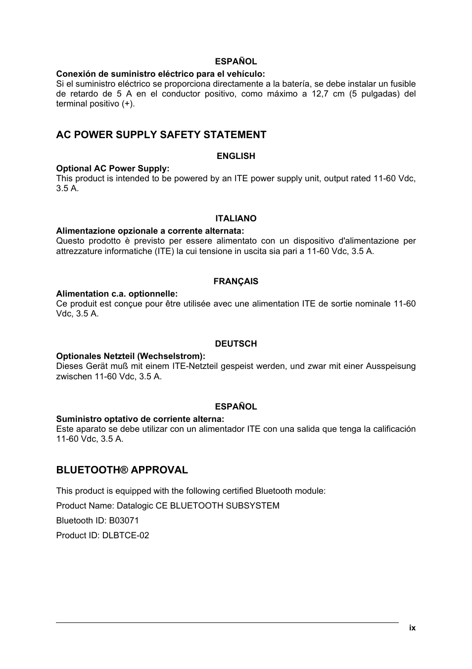 Ac power supply safety statement, Bluetooth® approval | Datalogic Scanning Rhino-NET 40012 User Manual | Page 9 / 53