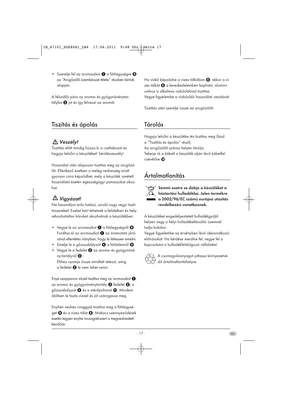 Tiszítás és ápolás, Tárolás, Ártalmatlanítás | Silvercrest SGS 80 A1 User Manual | Page 19 / 44